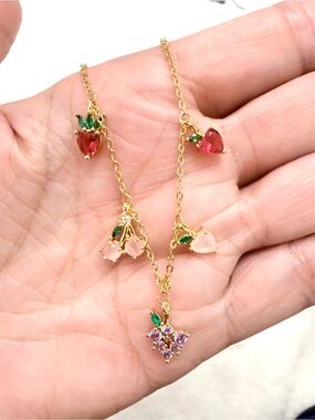 Gold Plated Fruit Pendant Necklace with Sparkly Gem Accents